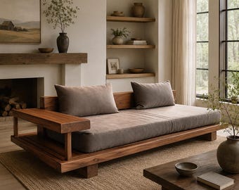 Sofa z litego drewna jesionowego – japońska kanapa z bali, minimalistyczna leżanka w stylu rustykalnym, ręcznie robiony mebel wypoczynkowy