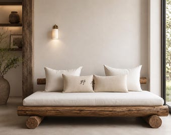 Sofa z funkcją spania z litego drewna wiązowego | Rustykalna leżanka z bali, japońska kanapa wypoczynkowa w stylu farmy