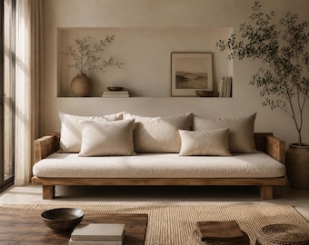 Solid Ash Wood Japandi Sofa | Wabi Sabi 3 Seat Couch, Minimalist Farmhouse Furniture