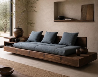 Solid Walnut Wabi Sabi Sofa | Japandi Minimalist Couch with Linen Cushions