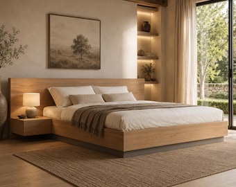 Solid White Oak Platform Bed Frame | Japandi Minimalist Floating Nightstands Queen King