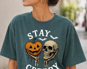 Comfort Colors® Stay Creepy Halloween Shirt, Vintage Skull Pumpkin Tee, Spooky Season T-Shirt, Gothic Halloween Shirt, Pumpkin Skull Shirt