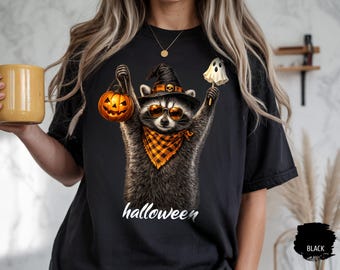 Comfort Colors® Halloween Raccoon Shirt, Cute Raccoon Halloween Tee, Spooky Raccoon Graphic T-Shirt, Funny Fall Shirt, Pumpkin Ghost Shirt