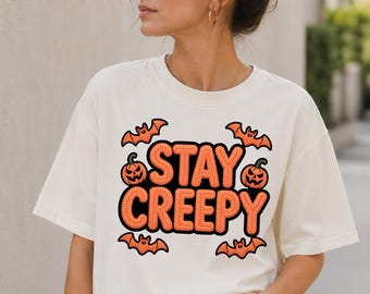 Comfort Colors® Stay Creepy Halloween Shirt, Cute Pumpkin Bat Graphic Tee, Spooky Season TShirt, Funny Fall Halloween Shirt, Cozy Autumn Tee