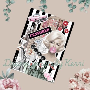 Könnte beinhalten: Eine Collage mit einem rosa Auto, Marilyn Monroe mit Kaugummi und dem Wort "CENSORED". Das Design umfasst schwarz-weiße Streifen, Lippenstiftabdrücke und eine Stadtlandschaft, vor einem floralen und Laub-Hintergrund.