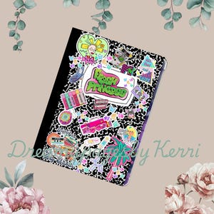May include: A black composition notebook covered in colorful 90s-themed stickers, including a boombox, palm tree, and the words "Fresh Princess." The notebook is decorated with a variety of stickers and the text "Dream by Kerri".