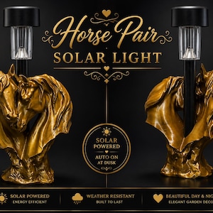 May include: Two gold-colored horse head sculptures integrated with black solar-powered garden lights. The text reads Horse Pair SOLAR LIGHT, SOLAR POWERED AUTO ON AT DUSK, SOLAR POWERED ENERGY EFFICIENT, WEATHER RESISTANT BUILT TO LAST, BEAUTIFUL DAY & NIGHT.