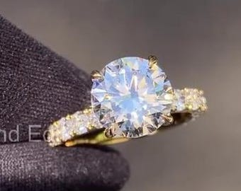 moissanite engagement ring, solitaire round cut, full eternity pave band, sterling silver or white gold look, bridal wedding ring set