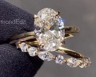 Oval Lab Grown Diamond Engagement Ring Set 3.50 CT Oval Cut Wedding Ring Bridal Set Yellow Gold Marquise Wedding Band