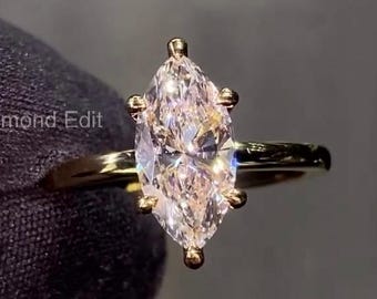 Marquise Cut Lab Grown Diamond Engagement Ring 2.0 CT Solitaire Ring Yellow Gold Minimalist IGI Certified Promise Ring