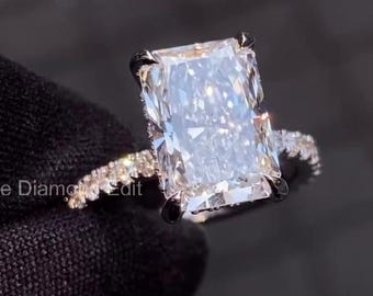 radiant cut engagement ring, moissanite solitaire, white gold pave band, 4 prong, rectangular stone, bridal jewelry, custom size