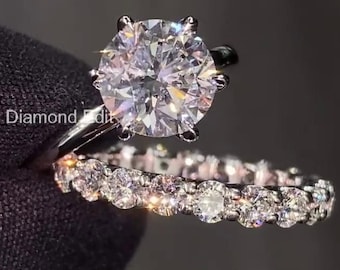 moissanite engagement ring, solitaire round cut, full eternity pave band, sterling silver or white gold look, bridal wedding ring set