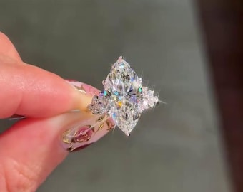 Pierścionek zaręczynowy z diamentem Marquise Lab o masie 4 CT, pierścionek ślubny z białego złota z motywem kwiatowym i soliterem