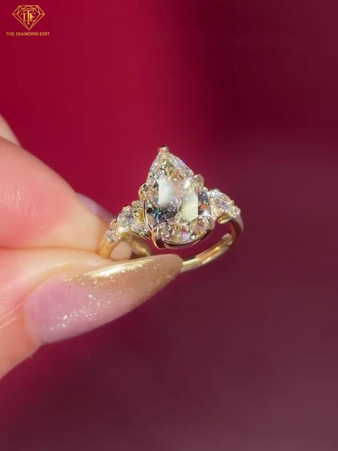 2.5 CT Pear Cut Cluster Engagement Ring, Lab Grown Diamond Ring, Yellow ...