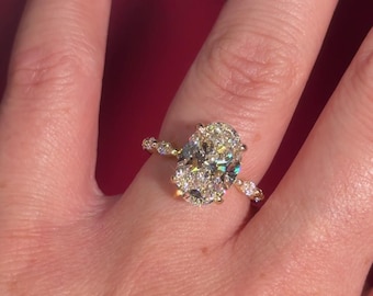 Pierścionek zaręczynowy z ukrytym owalnym halo i diamentami hodowanymi laboratoryjnie o masie 3,50 ct, pierścionek typu solitaire z żółtego złota 14K
