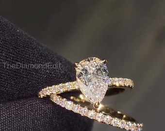 Pear Cut Engagement Ring, Twisted Pavé Diamond Ring, Lab Grown Diamond Solitaire Ring, Yellow Gold Bridal Ring