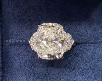5.00 CT Cushion Cut & Half Moon Diamond Engagement Ring, Three Stone Lab Grown Diamond Ring, White Gold Bridal Ring