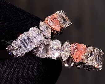 Multi Shape Diamond Eternity Band, Pink Heart Diamond Ring, Emerald Cut Lab Grown Wedding Band, Anniversary Ring