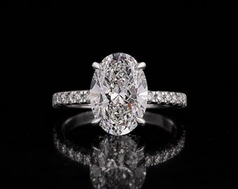IGI Certified Lab Grown Oval Diamond Engagement Ring: Hidden Halo, Pavé Band
