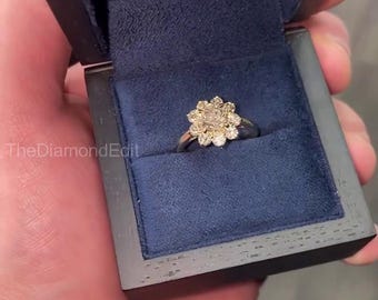 1.50 CT Floral Cluster Engagement Ring, Halo Lab Grown Diamond Ring, Vintage Yellow Gold Bridal Ring