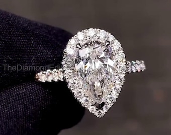 2.50 CT Pear Halo Engagement Ring, Hidden Halo Lab Grown Diamond Ring, Pave White Gold Bridal Ring for Women