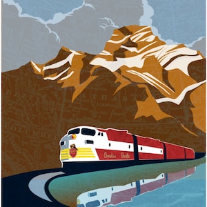 Op de afbeelding: Een vintage reisposter voor Canadian Pacific Railway met een rode en witte trein die door een berglandschap rijdt. De poster heeft een blauwe lucht met witte wolken en een bruine kaart van Canada op de achtergrond. De tekst op de poster luidt "Neem Canadian Pacific, De schilderachtige route door Canada."