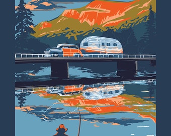 Lámina artística retro de camping en caravana Airstream, paisaje de montaña