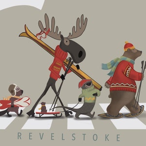 Ski Moose and Cute Friends ski poster/illustration/home decor