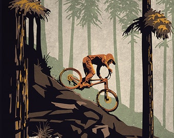 Puede incluir: Un ciclista de montaña baja por un sendero rocoso en un bosque. Los árboles son altos y verdes, y el cielo es gris claro. El ciclista lleva un casco y ropa naranja. El texto "Think Outside No Box Required" está en la parte inferior de la imagen.