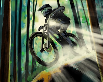 Puede incluir: Una persona con casco montando una bicicleta de montaña negra a través de un bosque. La bicicleta va rápido y levanta polvo. El sol brilla a través de los árboles, creando una luz brillante.