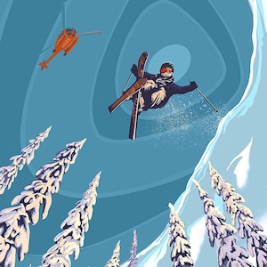 Alpine Ski Jumper Retro Poster Art, poster, Heliski Art, Print, wall art, wall decor image 1