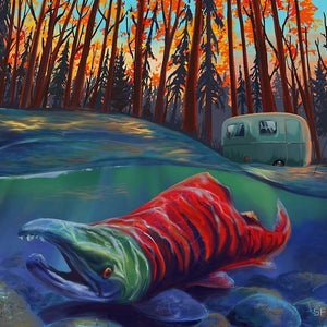 Salmon Fishing and retro camper  illustration/ painting/ painting,