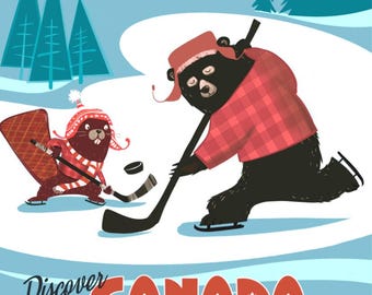 Póster retro de viaje a Canadá de mediados de siglo de Bear Beaver Ice Hockey