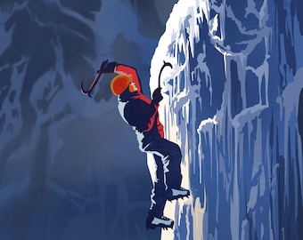 Alpine Ice Climbing retro travel poster illustration, fine art, print, painting : The Mountains are Calling