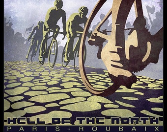 HELL of the NORTH  Paris Roubaix retro cycling  illustration poster 11X14