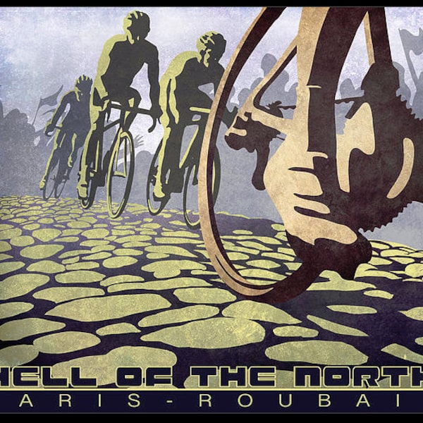 HELL of the NORTH  Paris Roubaix retro cycling  illustration poster 11X14