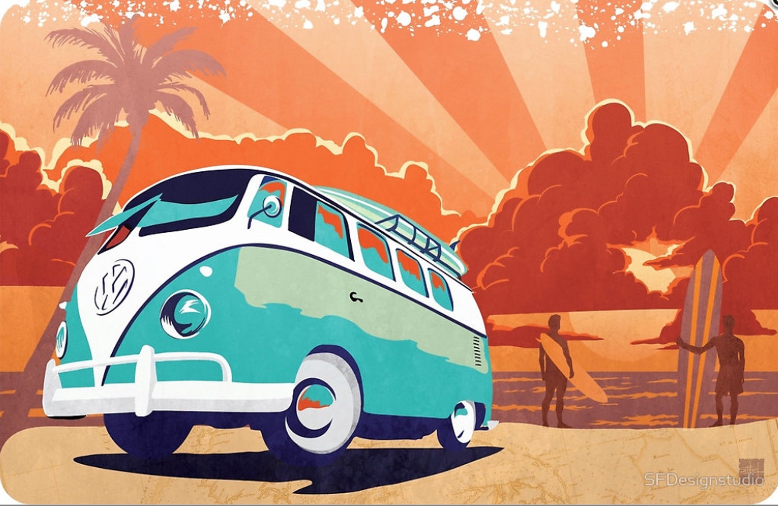 VW Retro Kombi Sunset Surf Poster, Print, Illustration, Home Decor