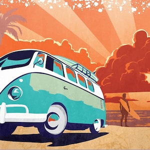 VW Retro Kombi Sunset Surf Poster, Print, Illustration, Home Decor, Collectible Art 11X17 image 1