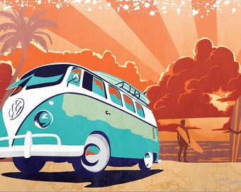 VW Retro Kombi Sunset Surf Poster, Print, Illustration, Home Decor, Collectible Art 11X17
