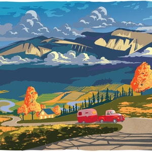 retro illustration av höstcampinglandskap, tryck, originalkonst, affisch, väggkonst, heminredning