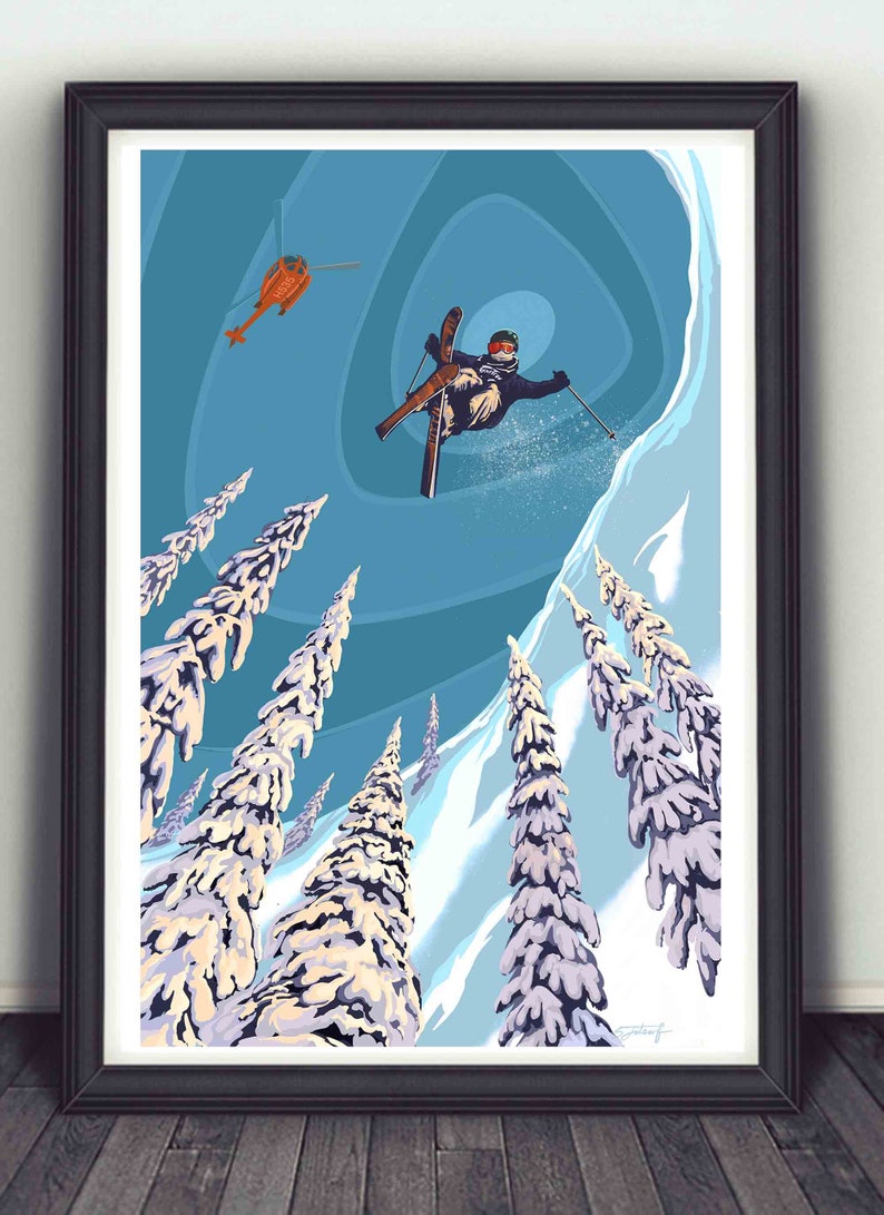 Alpine Ski Jumper Retro Poster Art, poster, Heliski Art, Print, wall art, wall decor image 2