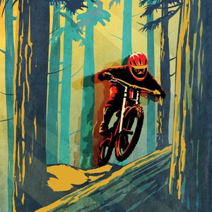 retro mountain bike art poster, cycling art, fine art, print: Forrest Log Jumper