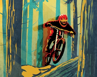 Puede incluir: Un ciclista de montaña con un casco rojo y ropa negra monta una bicicleta de montaña roja y negra a través de un bosque de árboles altos y verdes. El sol brilla a través de los árboles, creando un cálido resplandor amarillo.