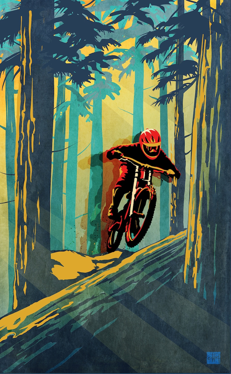 May include: A mountain biker in a red helmet and black clothing rides a red and black mountain bike through a forest of tall, green trees. The sun shines through the trees, creating a warm, yellow glow.