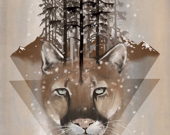 Wildlife Cougar cat illustration print, poster, fine art, giclee print