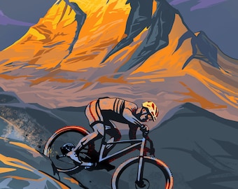 Puede incluir: Un ciclista de montaña baja por un sendero rocoso con una cordillera de montañas al fondo. El cielo es un degradado de morado y azul.