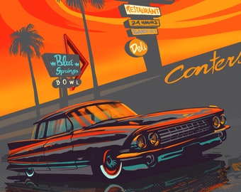 Retro Pontiac Bonneville Art Print, Sunset Boulevard Illustration