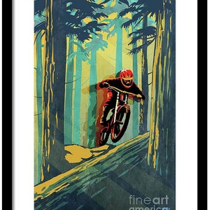 May include: A digital illustration of a mountain biker in red and black gear riding a bike through a forest. The background is a vibrant green, blue, and yellow.