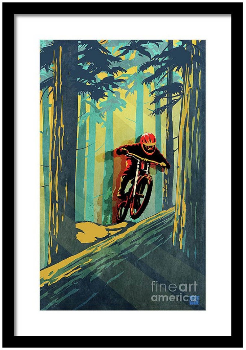 May include: A digital illustration of a mountain biker in red and black gear riding a bike through a forest. The background is a vibrant green, blue, and yellow.