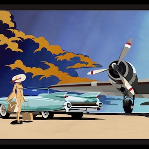 Cadillac Eldorado vintage car and plane, Vintage Cadillac Eldorado, Retro Car Print, Automotive Art, Classic Car Art, Vintage Planes and Car